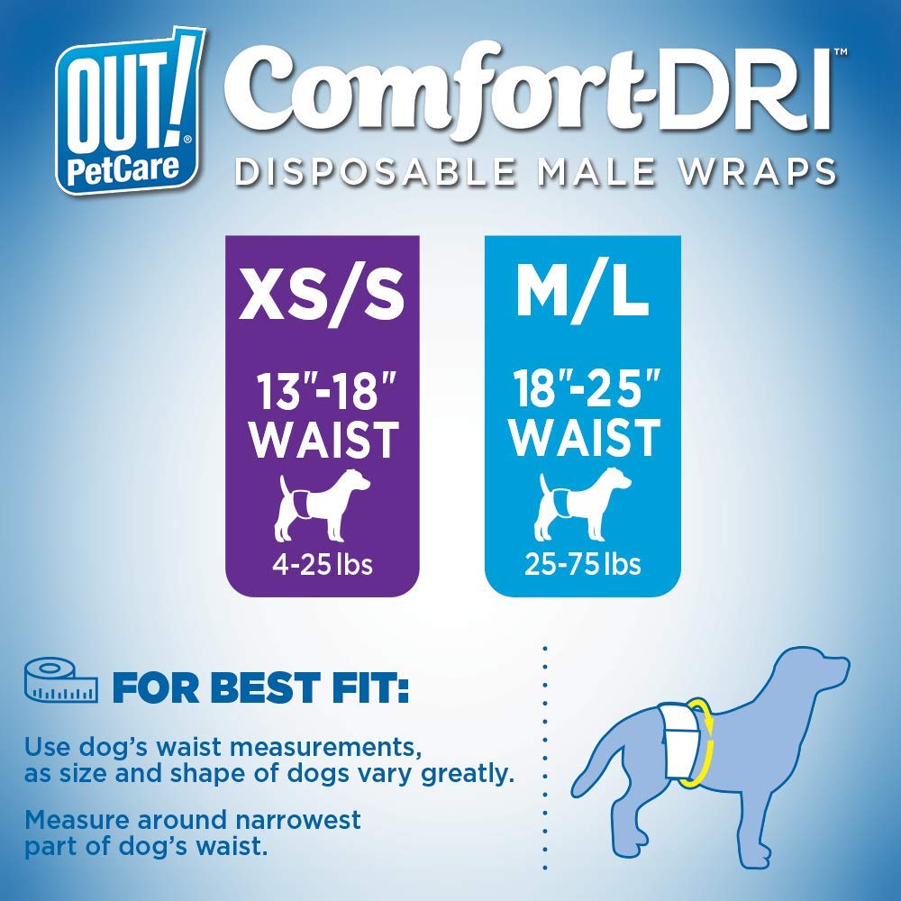 OUT! Disposable Male Dog Diapers, XS/Small – Fits 13 inch to 18 inch (Pack of 12)