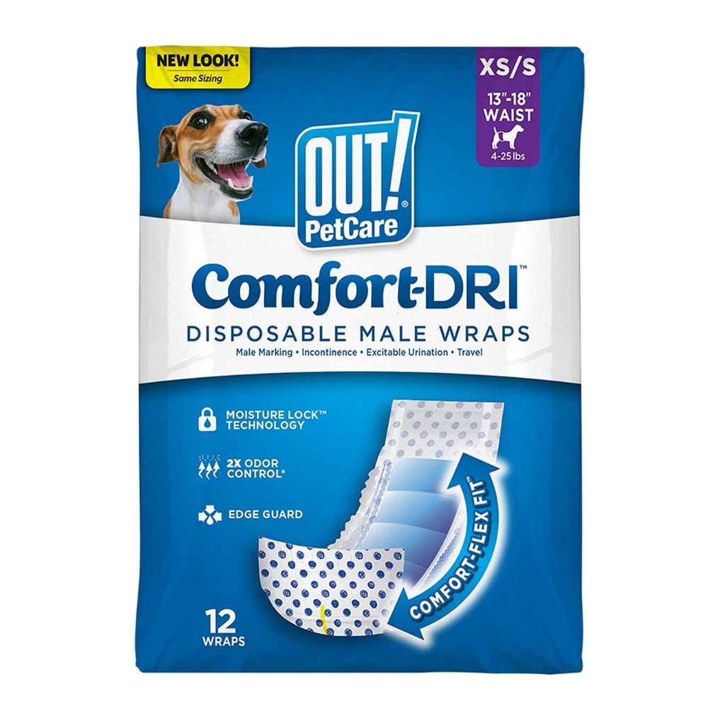 OUT! Disposable Male Dog Diapers, XS/Small – Fits 13 inch to 18 inch (Pack of 12)