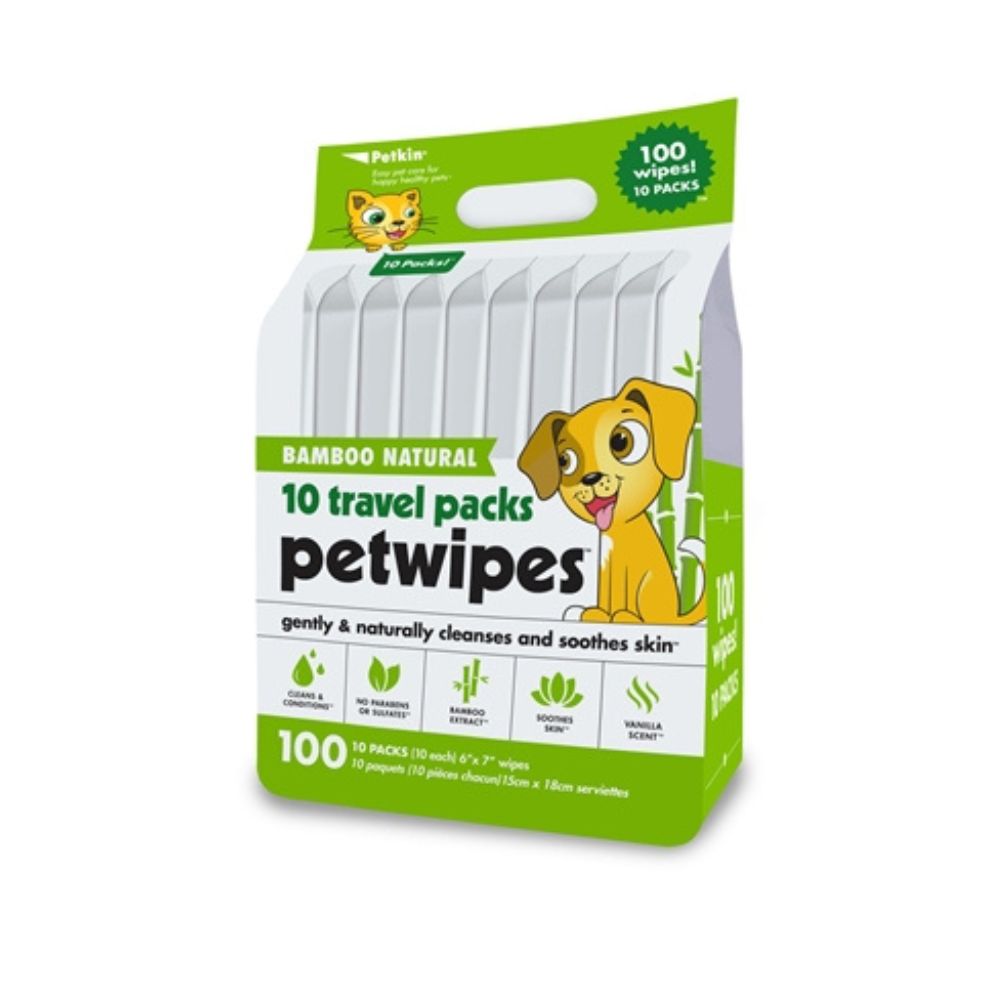 Petkin Bamboo Natural 10 Travel Pack Petwipes (100ct)